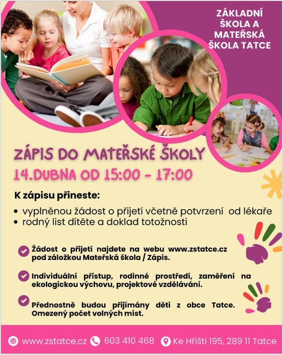 ZÁPIS DO MATEŘSKÉ ŠKOLY
14.DUBNA OD 15:00 - 17:00